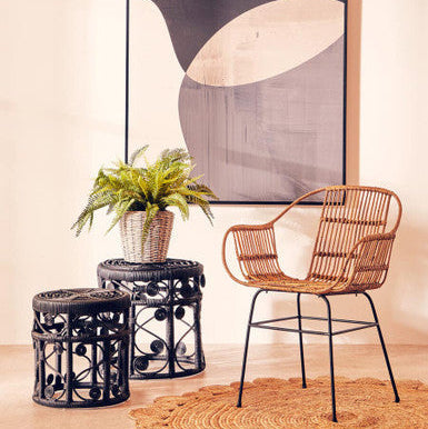 Black Natural Rattan Set Of Two Nesting Tables With Tight Weave Top & Scrolled Base, Mataram