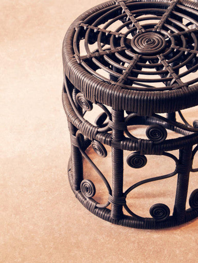 Black Natural Rattan Set Of Two Nesting Tables With Tight Weave Top & Scrolled Base, Mataram
