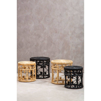 Black Natural Rattan Set Of Two Nesting Tables With Tight Weave Top & Scrolled Base, Mataram