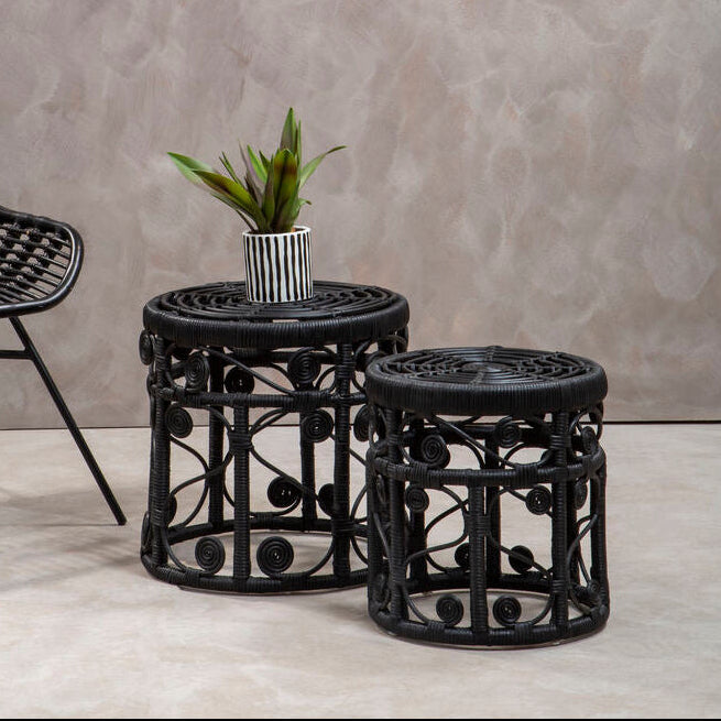 Black Natural Rattan Set Of Two Nesting Tables With Tight Weave Top & Scrolled Base, Mataram