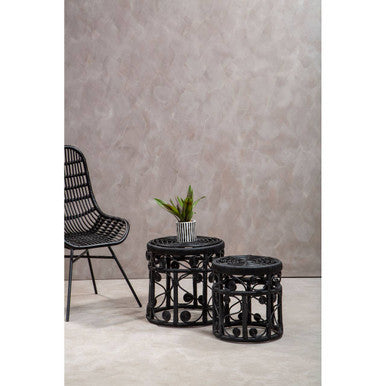 Black Natural Rattan Set Of Two Nesting Tables With Tight Weave Top & Scrolled Base, Mataram
