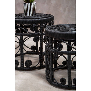 Black Natural Rattan Set Of Two Nesting Tables With Tight Weave Top & Scrolled Base, Mataram