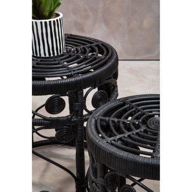 Black Natural Rattan Set Of Two Nesting Tables With Tight Weave Top & Scrolled Base, Mataram