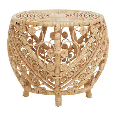 Large Natural Rattan Side Table With Tight Weave & Scrolled Detail, Mataram