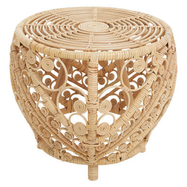 Large Natural Rattan Side Table With Tight Weave & Scrolled Detail, Mataram