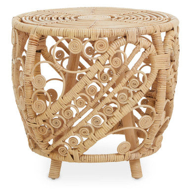 Large Natural Rattan Side Table With Tight Weave & Scrolled Detail, Mataram
