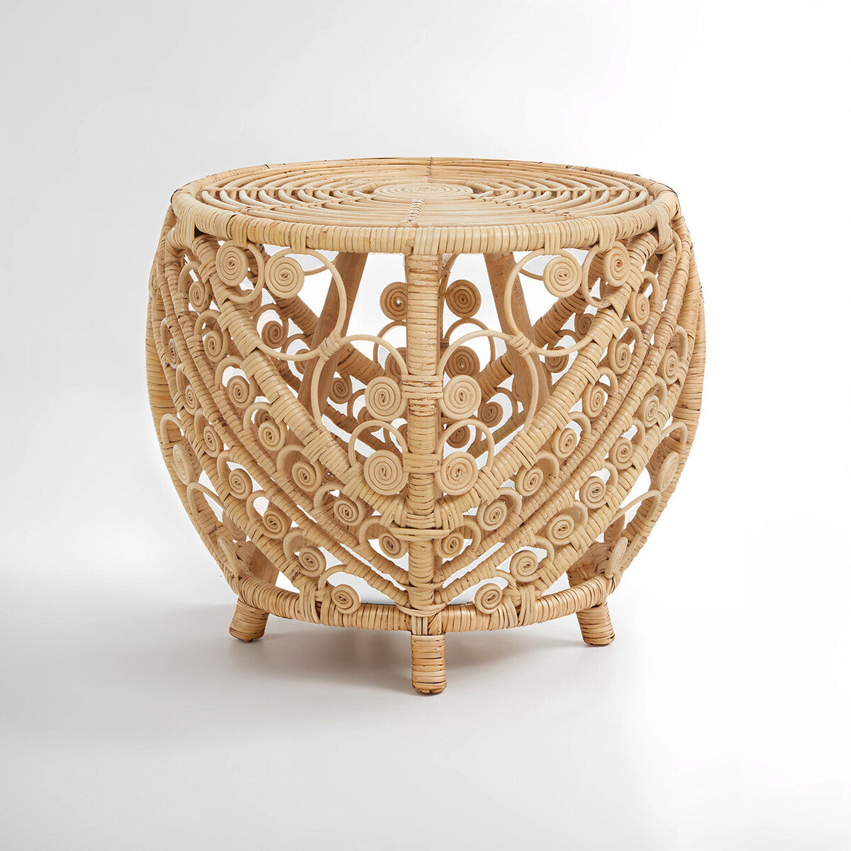 Large Natural Rattan Side Table With Tight Weave & Scrolled Detail, Mataram