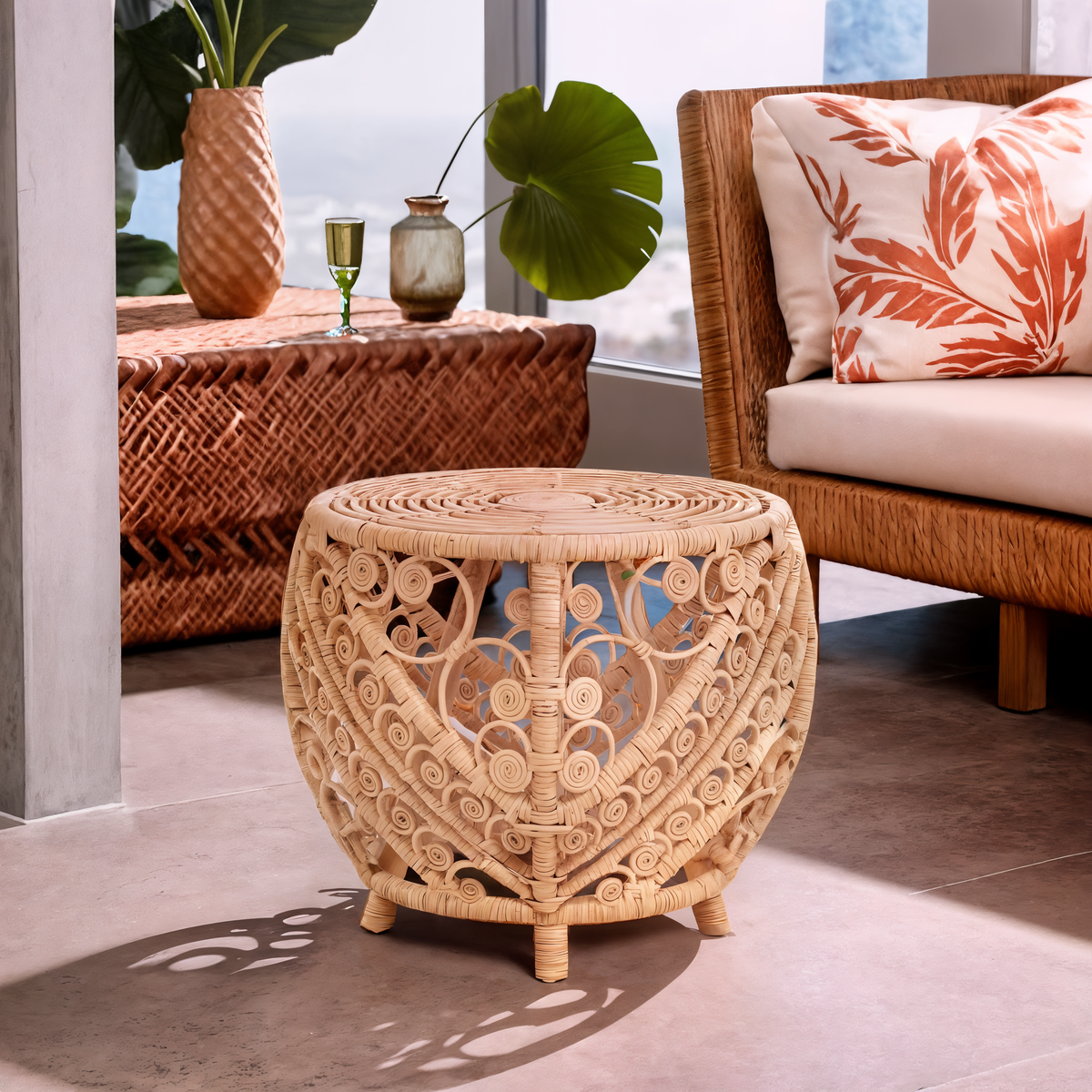 Large Natural Rattan Side Table With Tight Weave & Scrolled Detail, Mataram