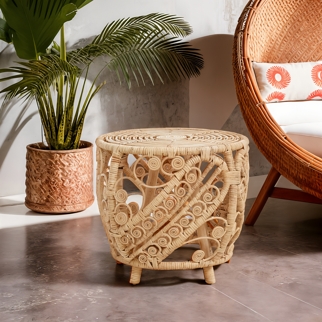 Large Natural Rattan Side Table With Tight Weave & Scrolled Detail, Mataram