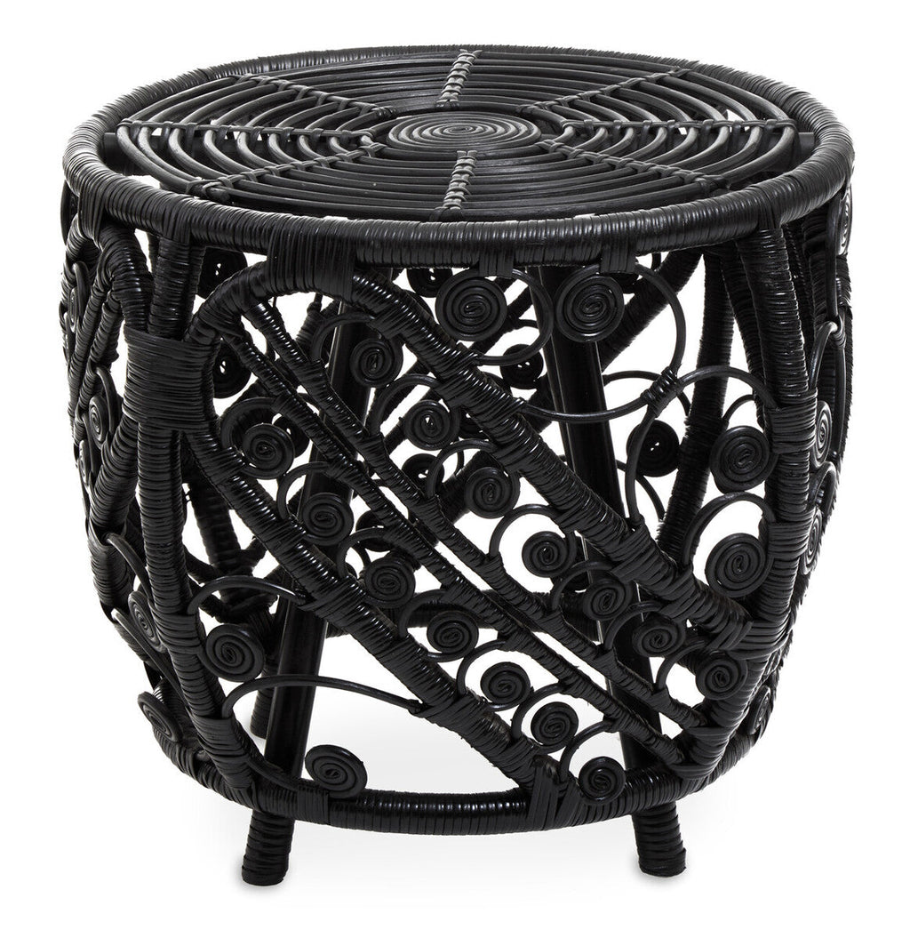 Black Natural Rattan Side Table With Tight Weave & Scrolled Detail, Mataram