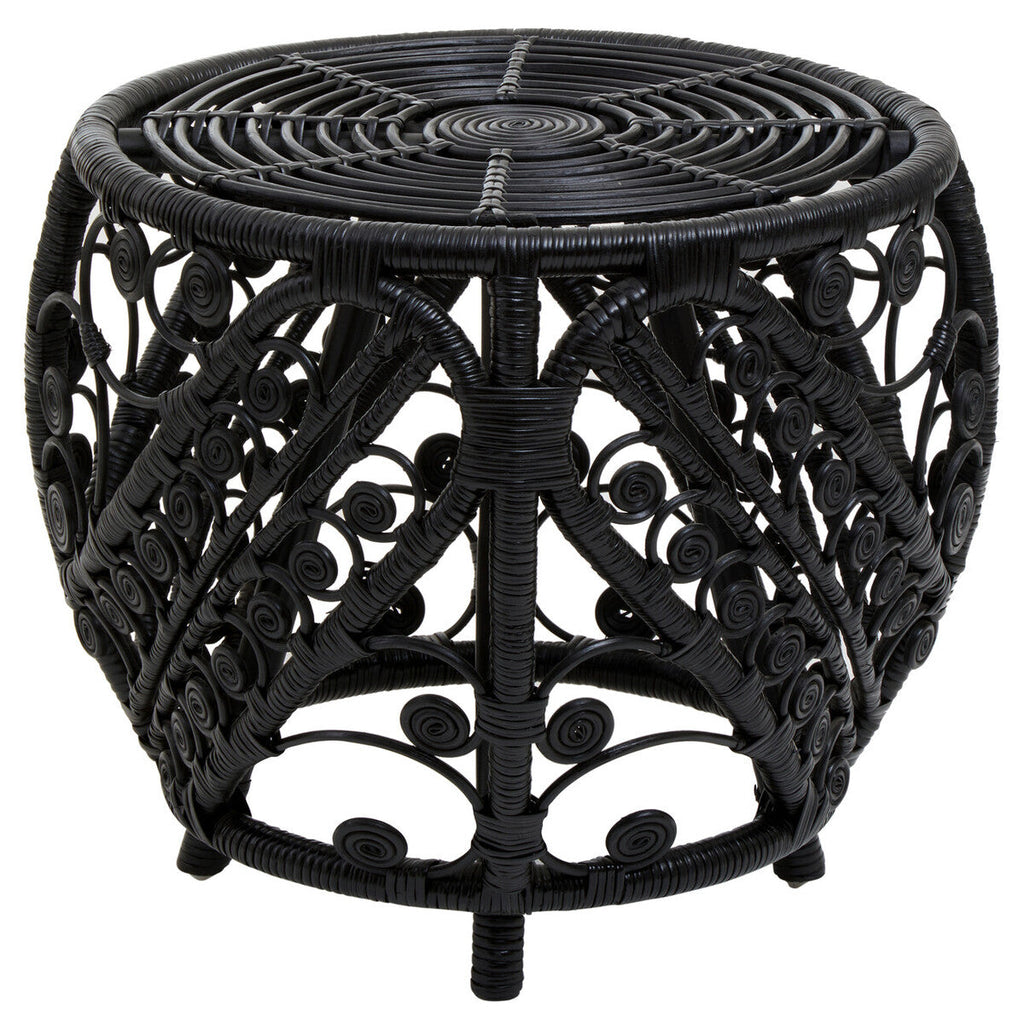Black Natural Rattan Side Table With Tight Weave & Scrolled Detail, Mataram