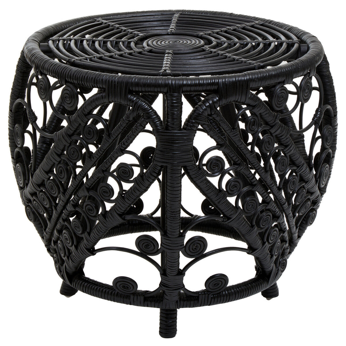 Black Natural Rattan Side Table With Tight Weave & Scrolled Detail, Mataram