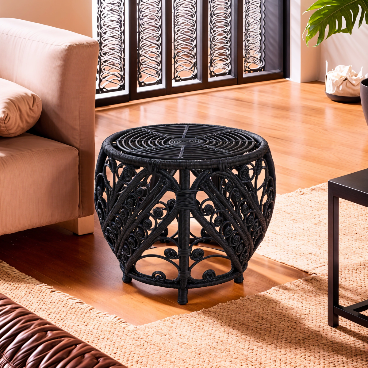 Black Natural Rattan Side Table With Tight Weave & Scrolled Detail, Mataram