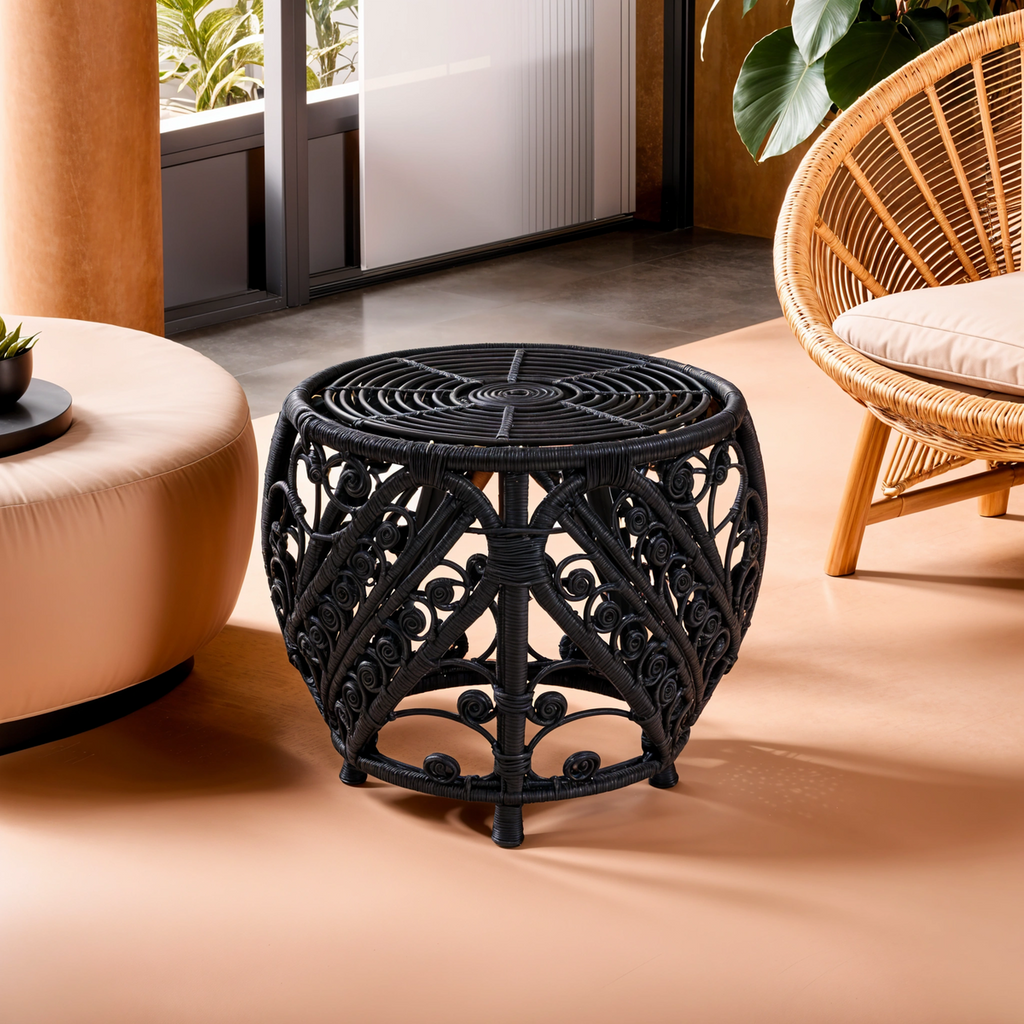 Black Natural Rattan Side Table With Tight Weave & Scrolled Detail, Mataram
