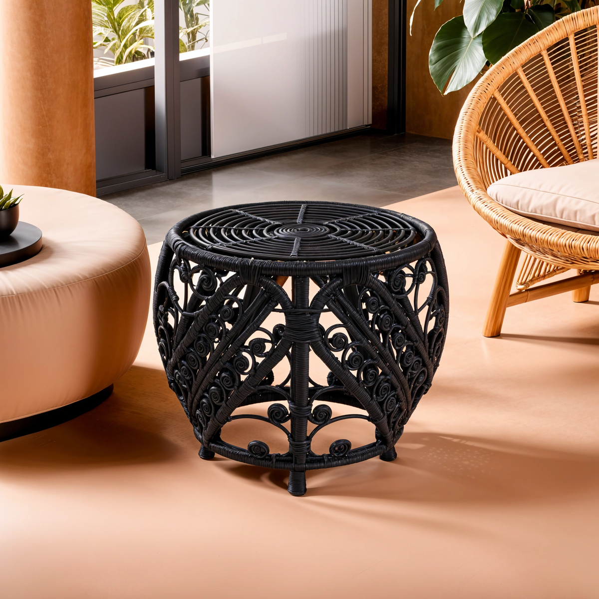 Black Natural Rattan Side Table With Tight Weave & Scrolled Detail, Mataram