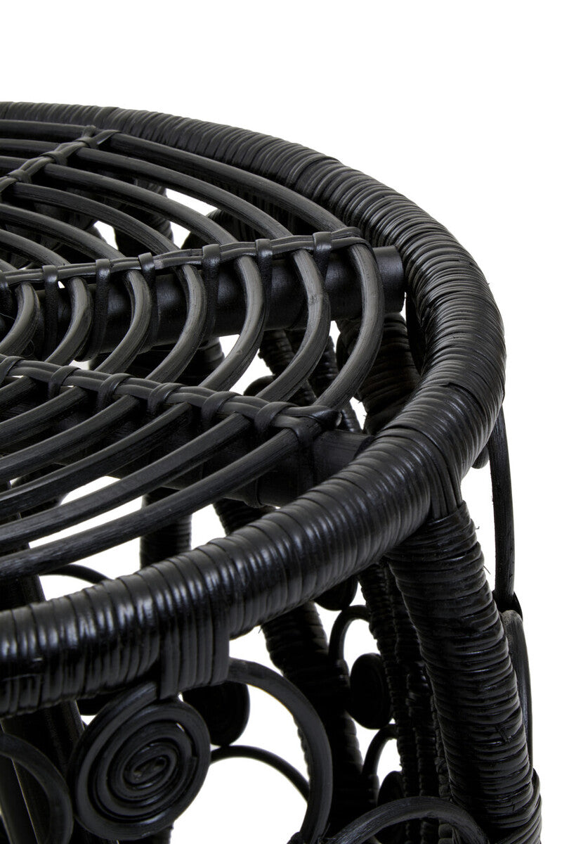 Black Natural Rattan Side Table With Tight Weave & Scrolled Detail, Mataram