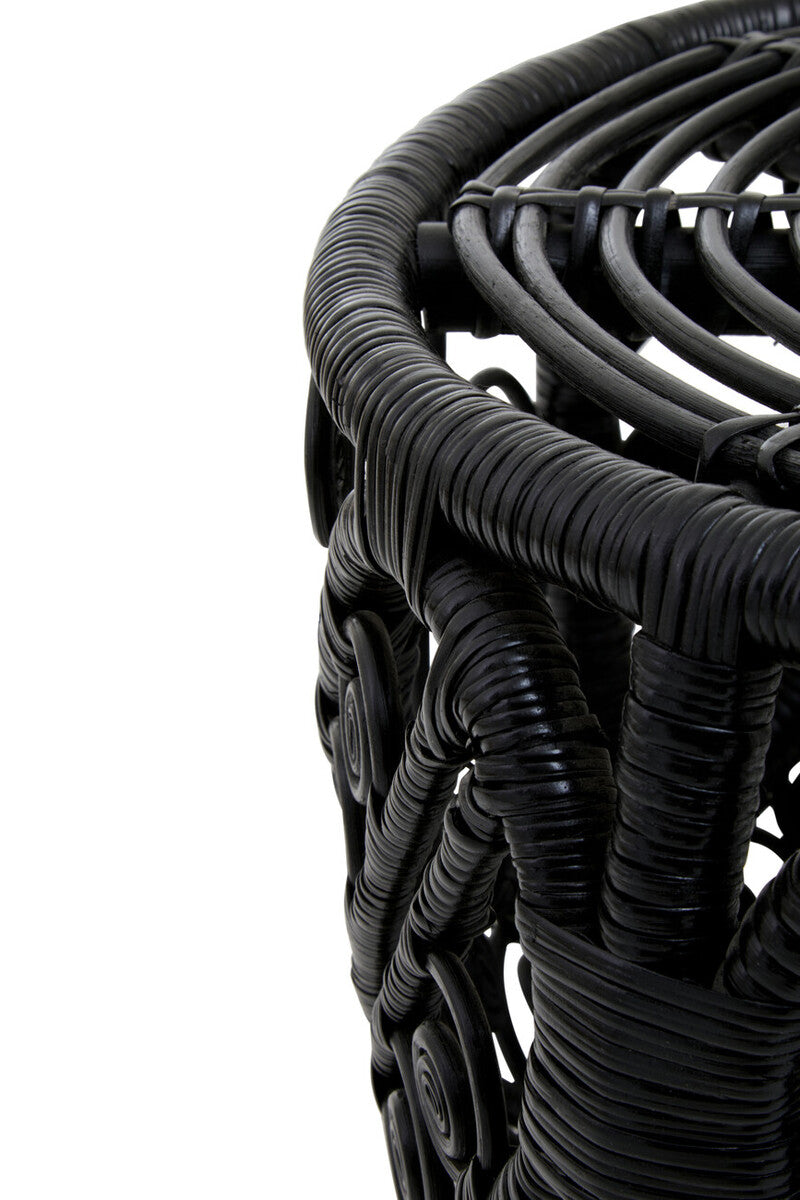 Black Natural Rattan Side Table With Tight Weave & Scrolled Detail, Mataram