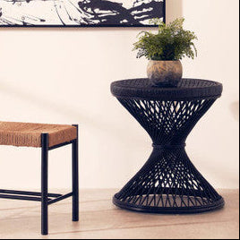 Black Rattan Side Table With Twisted Base & Tight Weave Top, Mataram