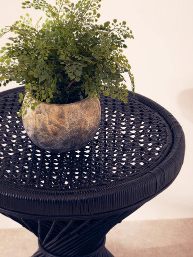 Black Rattan Side Table With Twisted Base & Tight Weave Top, Mataram