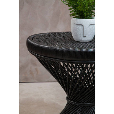 Black Rattan Side Table With Twisted Base & Tight Weave Top, Mataram