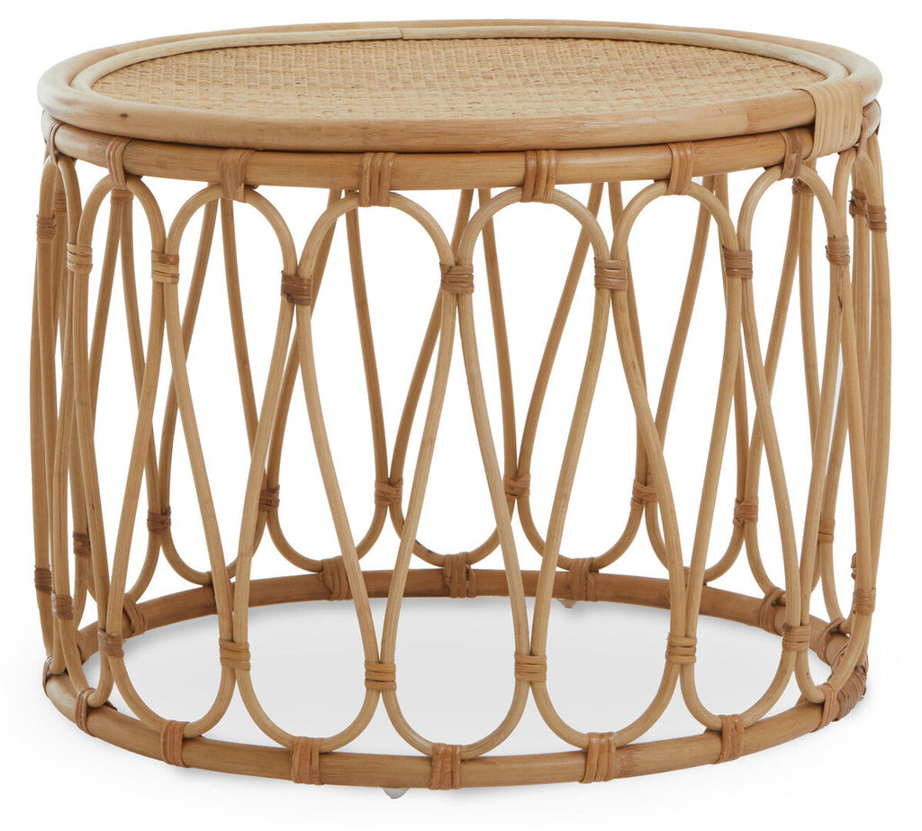 Natural Rattan Coffee Table With Open Weave Design & Webbing Round Top, Mataram