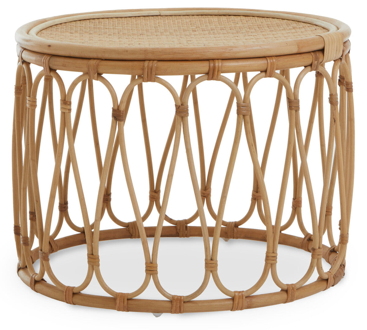 Natural Rattan Coffee Table With Open Weave Design & Webbing Round Top, Mataram