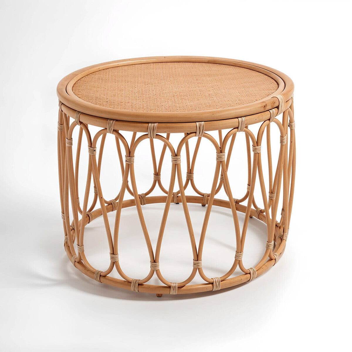 Natural Rattan Coffee Table With Open Weave Design & Webbing Round Top, Mataram