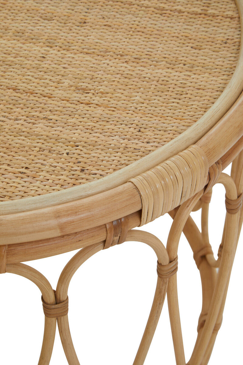 Natural Rattan Coffee Table With Open Weave Design & Webbing Round Top, Mataram
