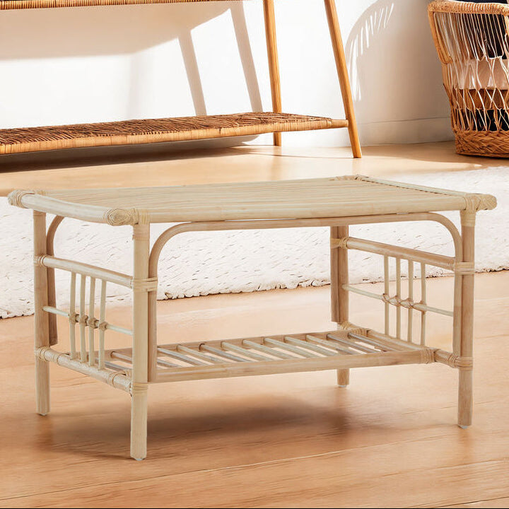 Natural Rattan Rectangular Coffee Table With Lower Storage Shelf, Mataram
