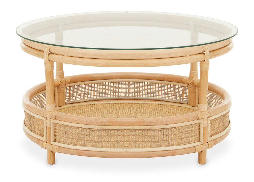 Clear Glass Top Natural Rattan Round Coffee Table With Lower Storage Shelf, Mataram