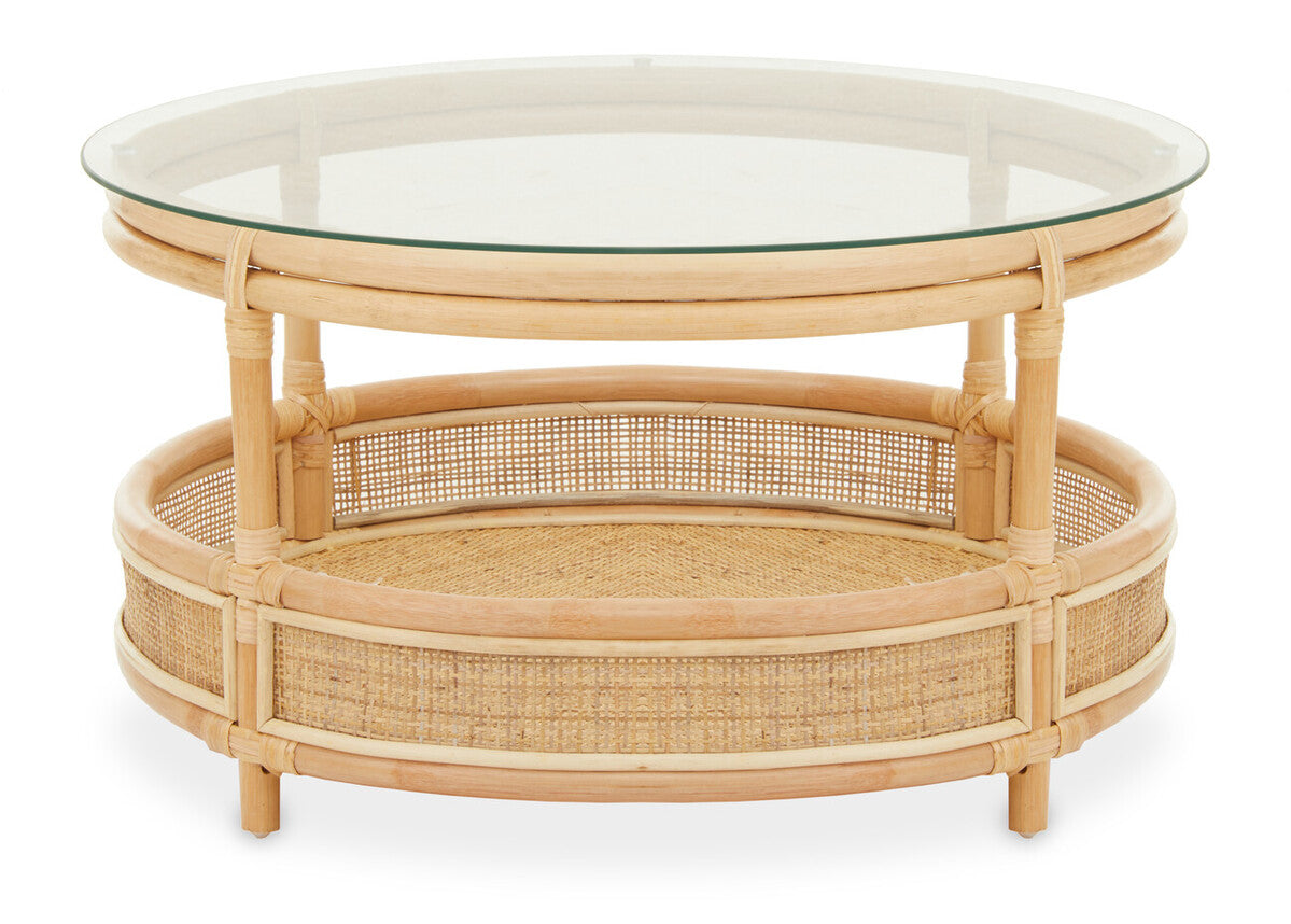 Clear Glass Top Natural Rattan Round Coffee Table With Lower Storage Shelf, Mataram