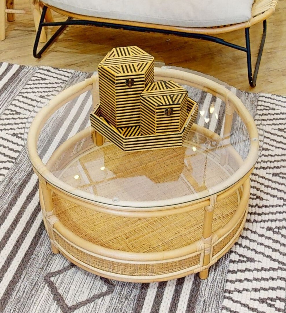 Clear Glass Top Natural Rattan Round Coffee Table With Lower Storage Shelf, Mataram