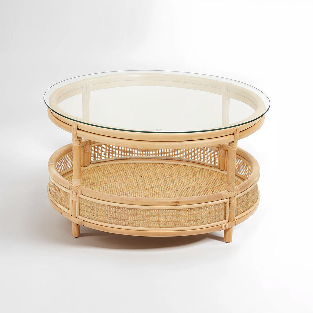 Clear Glass Top Natural Rattan Round Coffee Table With Lower Storage Shelf, Mataram
