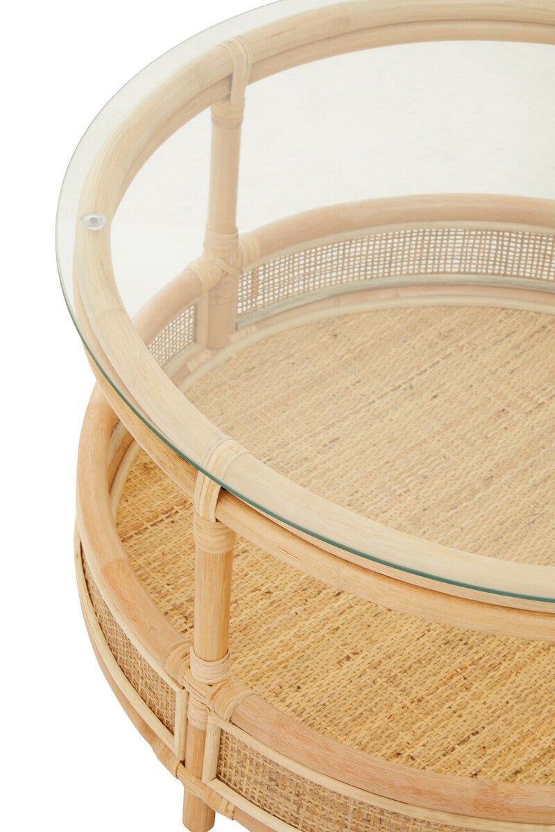 Clear Glass Top Natural Rattan Round Coffee Table With Lower Storage Shelf, Mataram