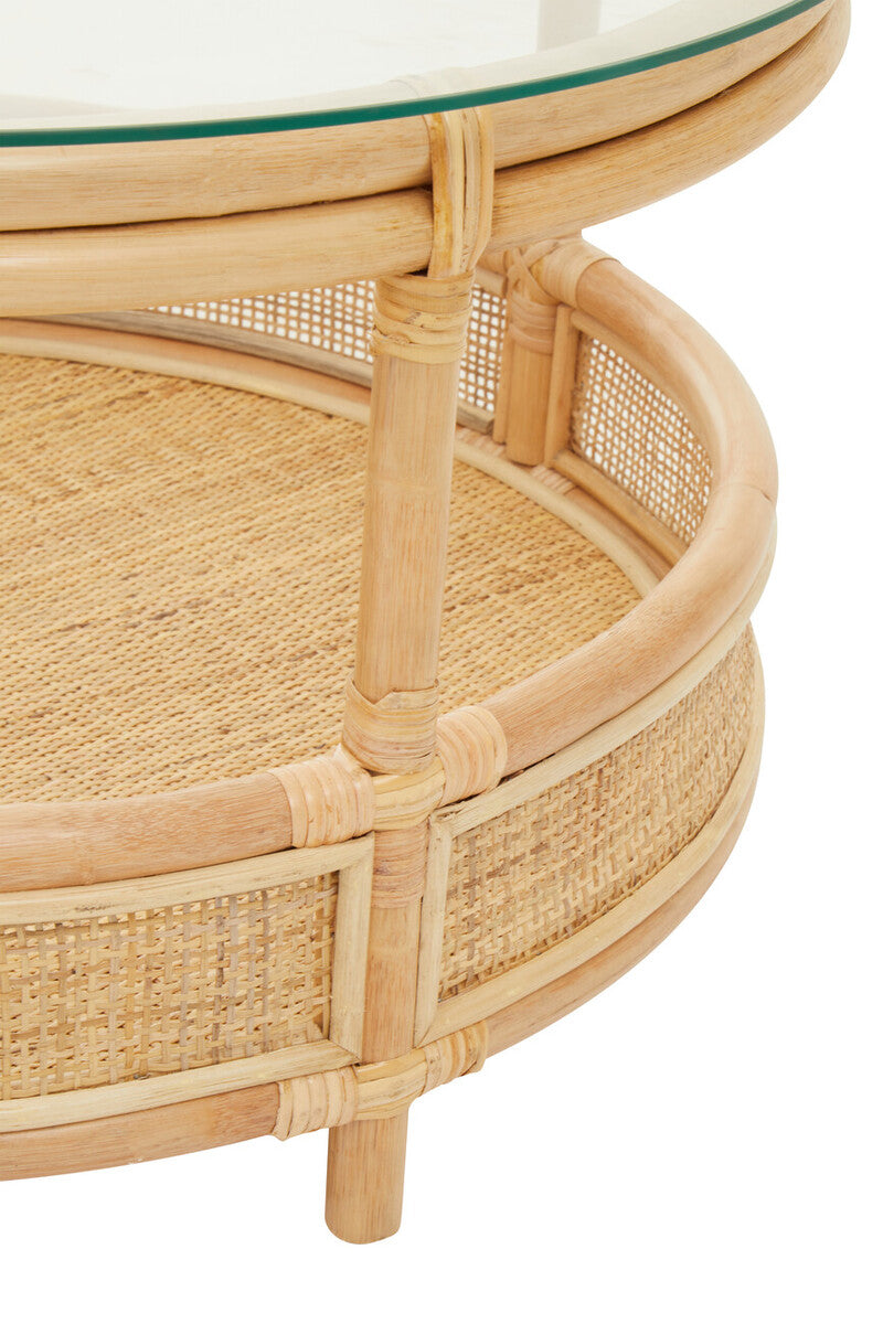 Clear Glass Top Natural Rattan Round Coffee Table With Lower Storage Shelf, Mataram