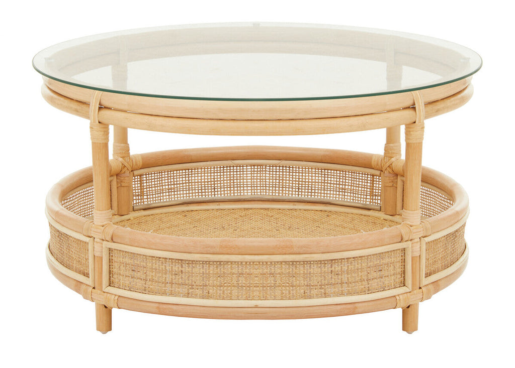 Clear Glass Top Natural Rattan Round Coffee Table With Lower Storage Shelf, Mataram