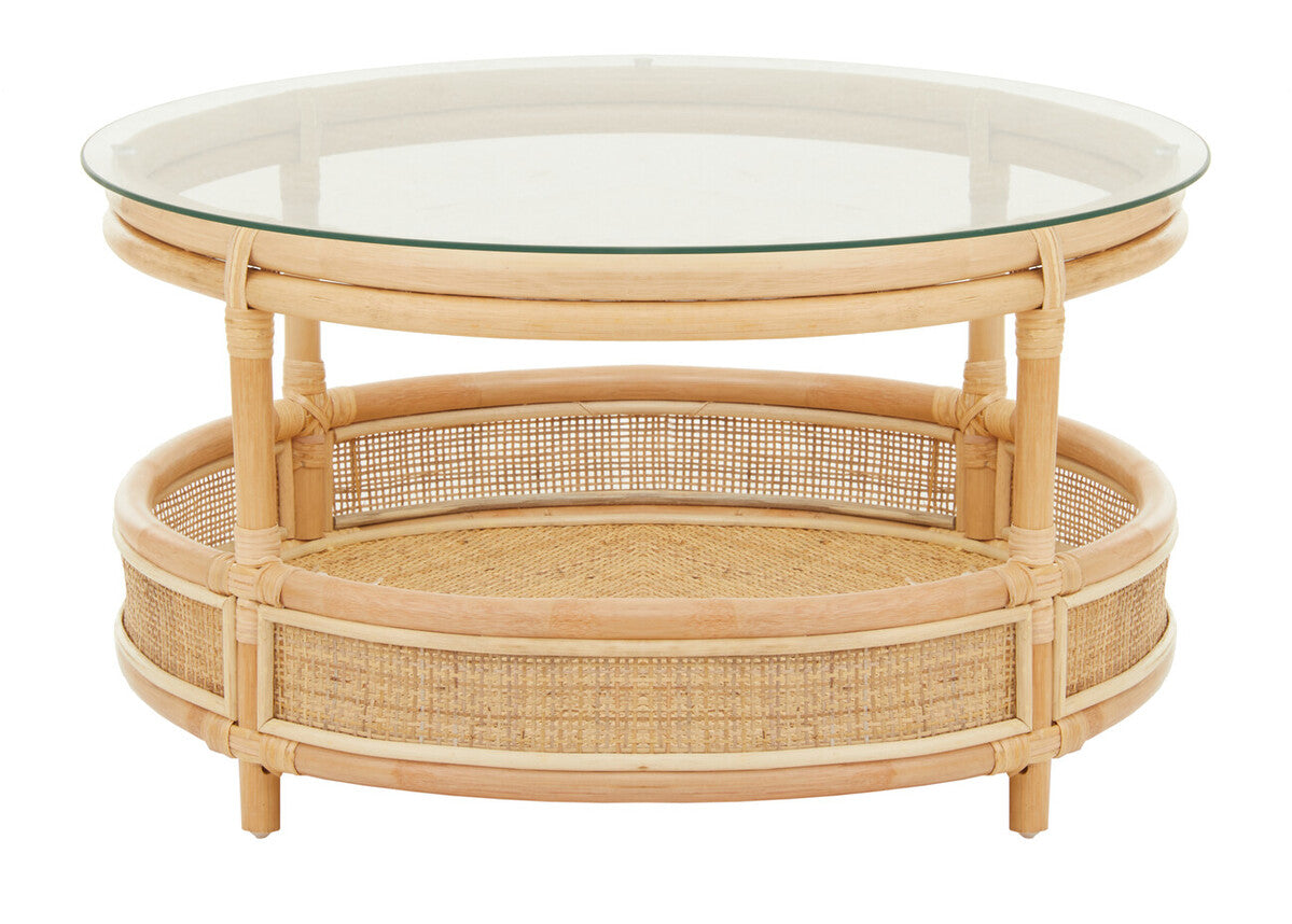 Clear Glass Top Natural Rattan Round Coffee Table With Lower Storage Shelf, Mataram