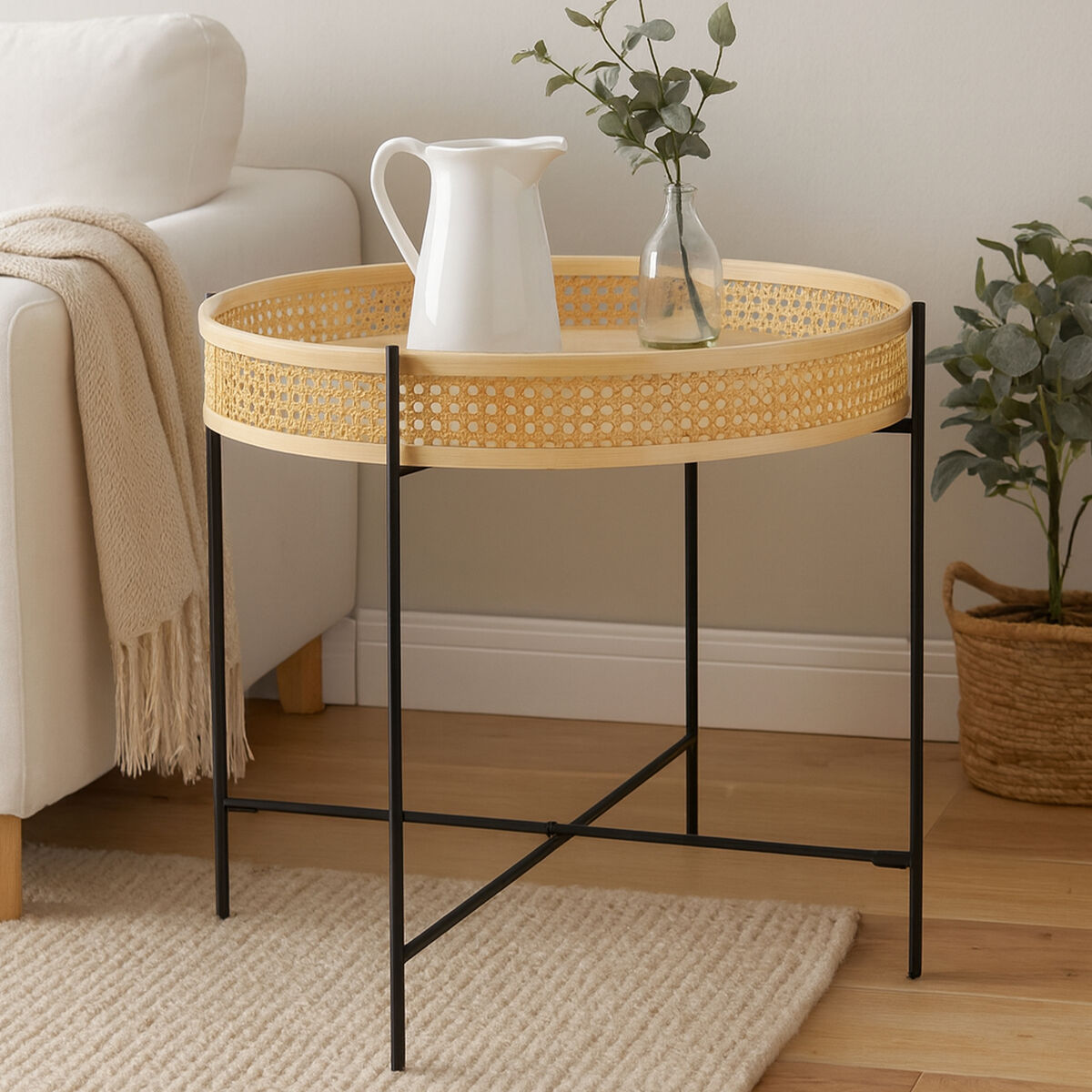 Natural Rattan Coffee Table With Black Cross Metal Base, Depok