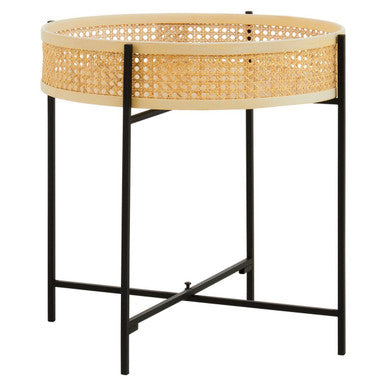 Natural Rattan Round Top Side Table With Black Metal Cross Base Legs, Depok