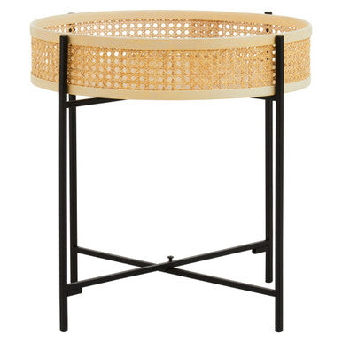Natural Rattan Round Top Side Table With Black Metal Cross Base Legs, Depok