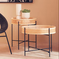 Natural Rattan Round Top Side Table With Black Metal Cross Base Legs, Depok