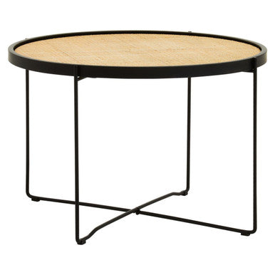 Natural Rattan Round Coffee Table With Black Cross Metal Legs, Depok