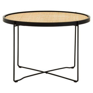 Natural Rattan Round Coffee Table With Black Cross Metal Legs, Depok