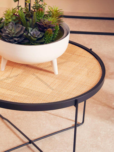 Natural Rattan Round Coffee Table With Black Cross Metal Legs, Depok