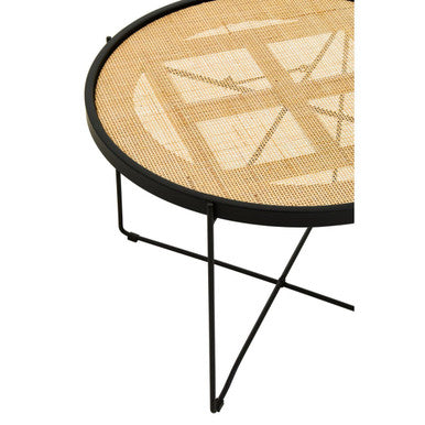 Natural Rattan Round Coffee Table With Black Cross Metal Legs, Depok