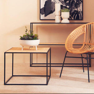 Natural Rattan Top & Black Metal Coffee Table, Depok