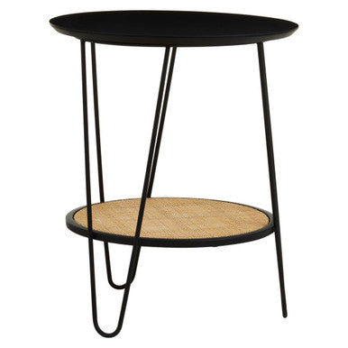 Natural Rattan Top Side Table With Lower Shelf & Black Metal Hairpin Legs, Depok