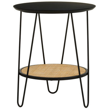 Natural Rattan Top Side Table With Lower Shelf & Black Metal Hairpin Legs, Depok