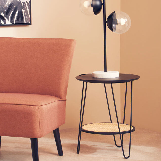 Natural Rattan Top Side Table With Lower Shelf & Black Metal Hairpin Legs, Depok