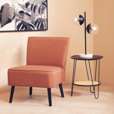 Natural Rattan Top Side Table With Lower Shelf & Black Metal Hairpin Legs, Depok